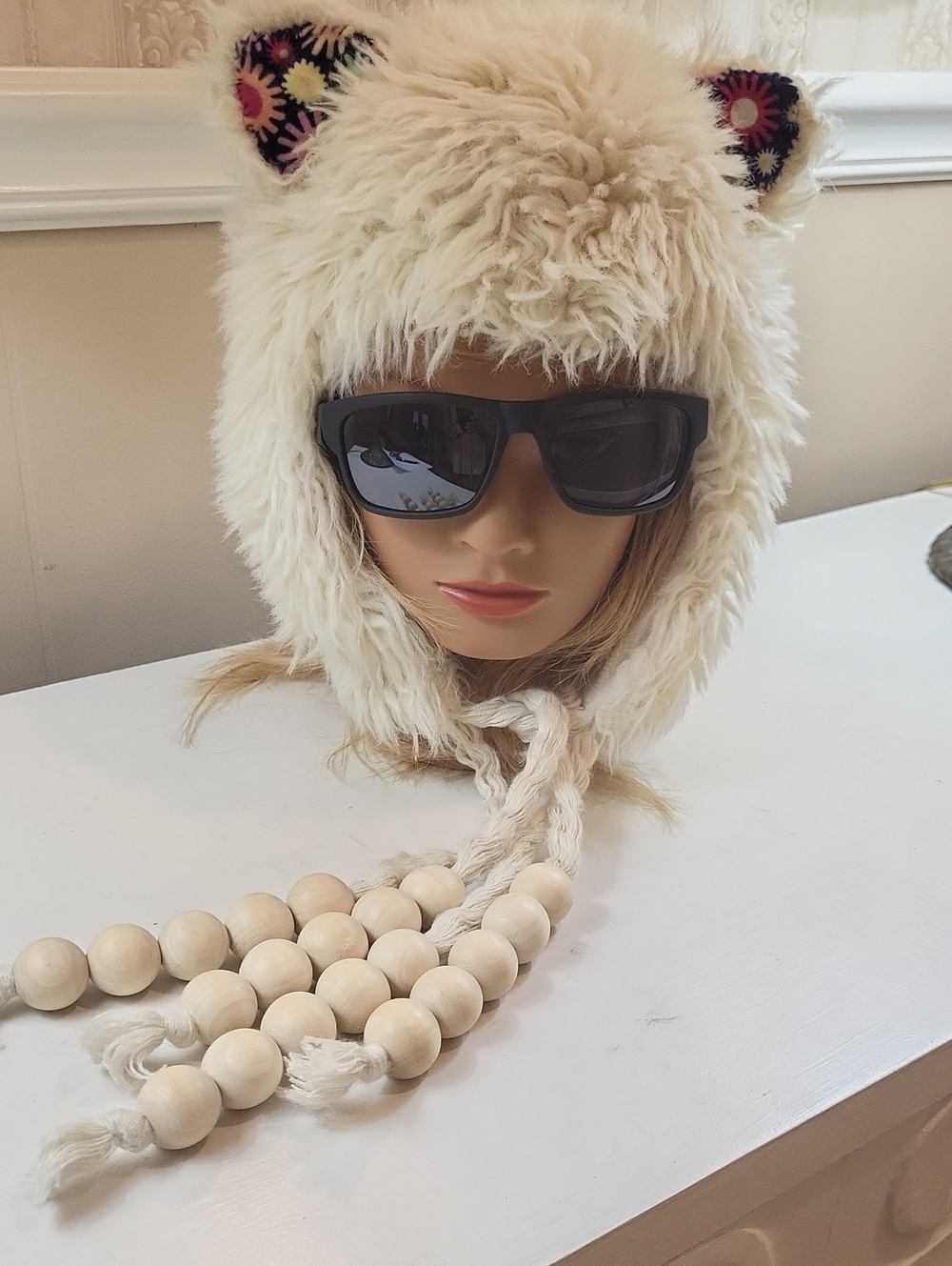 American Eagle Outfitters Cream Faux Fur Hood with Tassels, Embellished